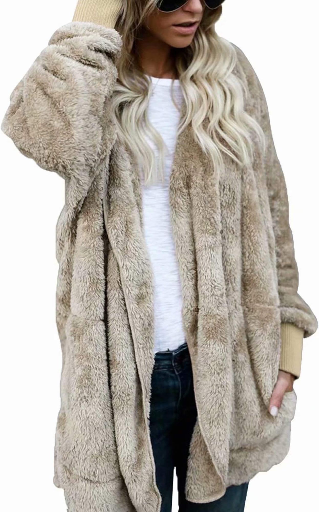 ThusFar Women Fuzzy Fleece Jacket Open Front Hooded Cardigan Coat Outwear Pockets