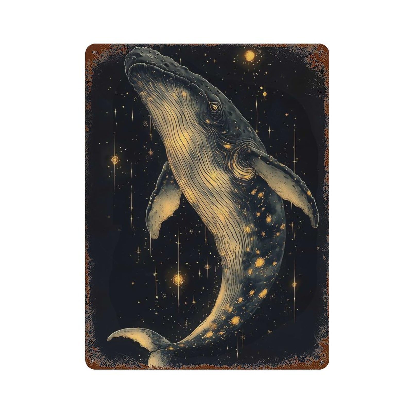 Whale in The Stars 15.7"x11.8" Rust Effect Tin Sign, Industrial Home Decor for Living Room, Hallway And Home Decor