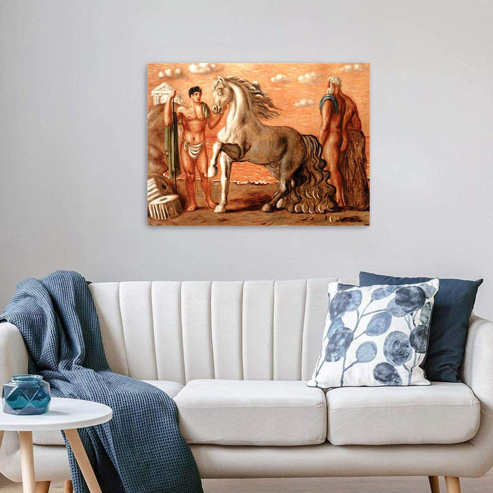 JZSDGB Giorgio de Chirico Słynny artysta na płótnie, sztuka ścienna, reprodukcje obrazów, plakaty, koń i figurki nad brzegiem morza, graficzne obrazy do dekoracji biurowych, 20 x 30 cm, bez ramy