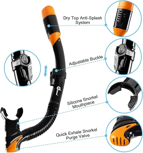 Miniatura 5 de Odoland Paquete de 2 artículos de esnórquel 6 en 1 paquetes de esnórquel, color naranja, L y 2 unidades, impermeable, paquete de riñonera para