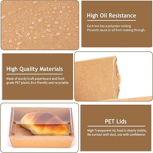 Miniatura 3 de Paquete de 50 cajas de papel para embutidos con tapas transparentes, recipientes cuadrados desechables de 5 pulgadas, cajas de panadería, cajas de
