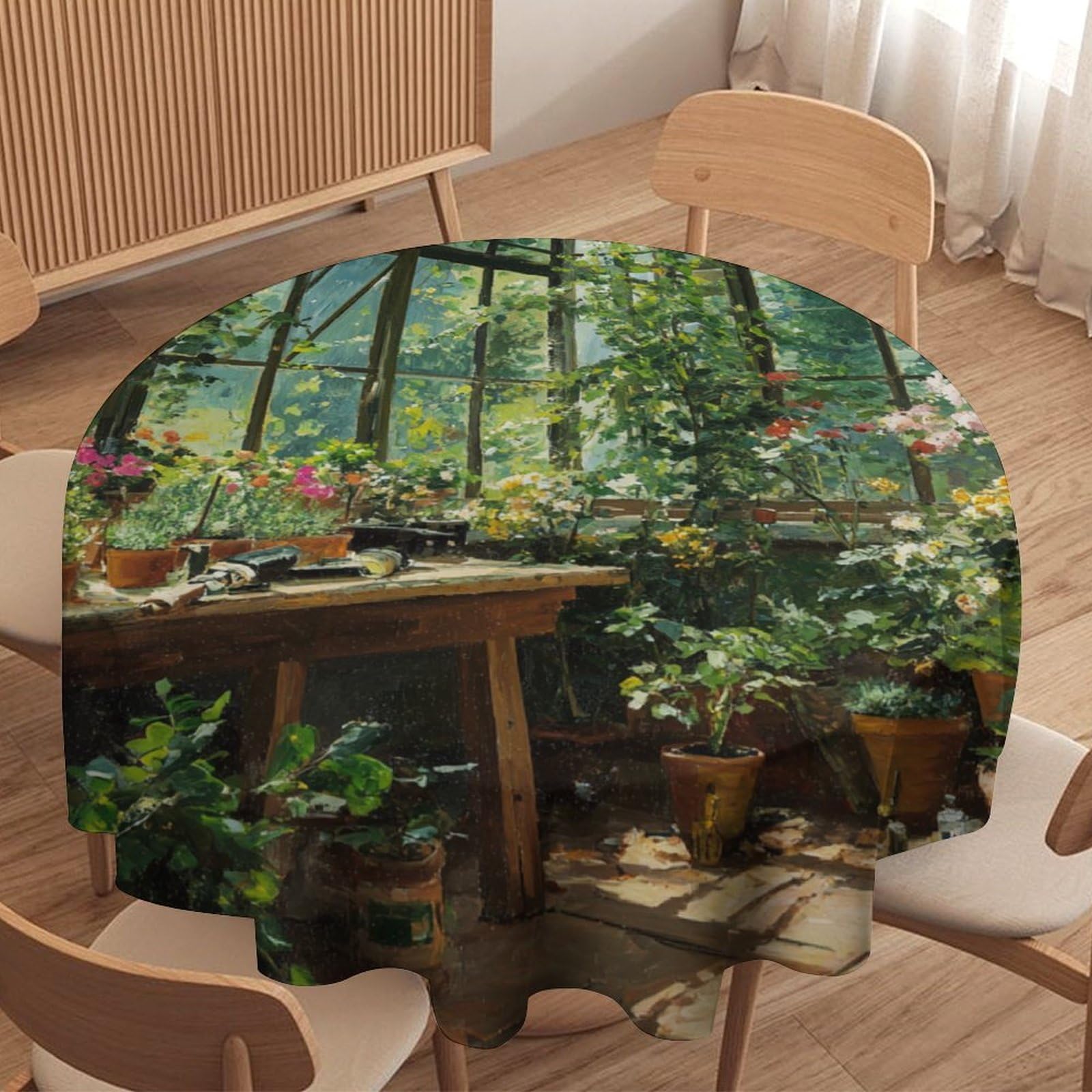 LUYYSKY Realistic Oil Painting Green Leaves Round Tablecloth Retro Classic Botanical Flowers Greenhouse Print Washable Decor for Table Cover for Kitchen-127 Wx127 L cm