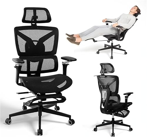 Silla de oficina ergonómica grande y alta con reposapiés, reposabrazos ajustables 5D, soporte lumbar, silla giratoria reclinable de malla para