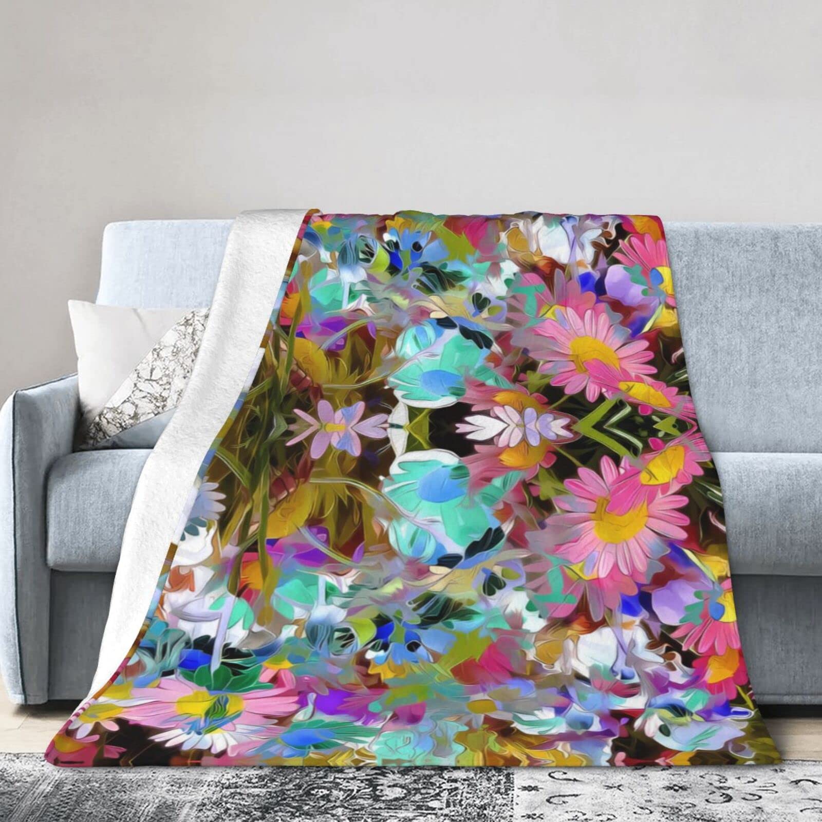 Couverture micro polaire épaisse 203x152 plaid fleurs colorées canapé lit