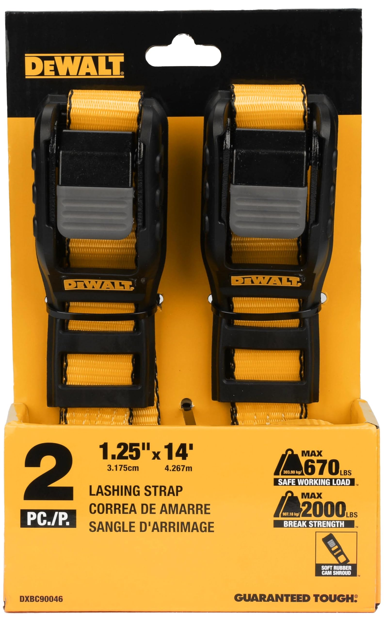 DEWALT DXBC90046 - Cinghie di ancoraggio di alta qualità, 3,2 x 3,2 cm, carico di lavoro sicuro 303,9 kg, resistenza alla rottura 0,9 kg, confezione da 2
