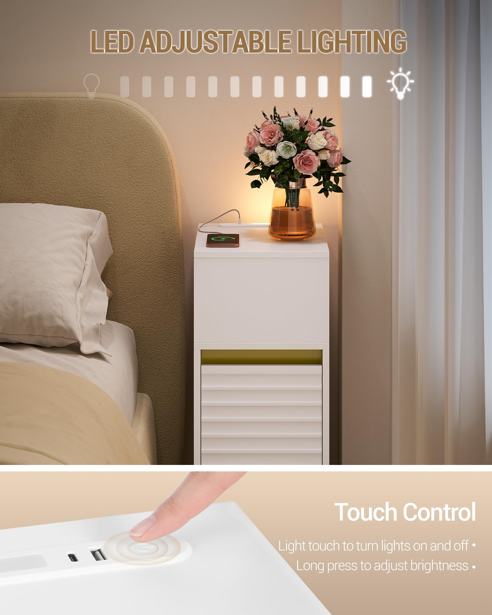 Hzuaneri Juego de 2 Mesita de Noche Estrecha, con iluminación LED, 1 Puerto USB-A, 1 Puerto USB-C, mesillas Noche con Compartimento Lateral Abierto, para Dormitorio y Sala de Estar, Oro Blanco