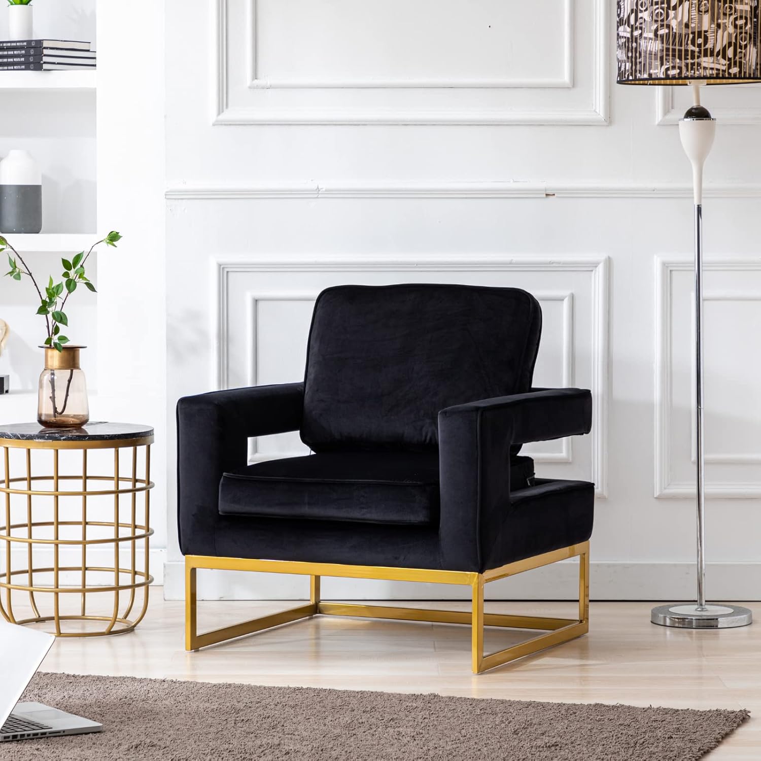LukeAlon Elegant Velvet Accent Club Chair, Upholstered Armchair with Gold Metal Legs Modern Single Sofa Chair Comfy Reading Chair with Open Back for Living Room Bedroom, Black