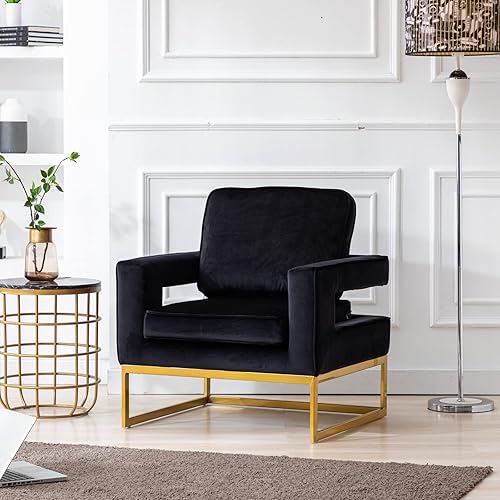 Miniatura 6 de LukeAlon Elegante silla de club con acento de terciopelo, sillón tapizado con patas de metal dorado, moderna silla individual para sofá individual,