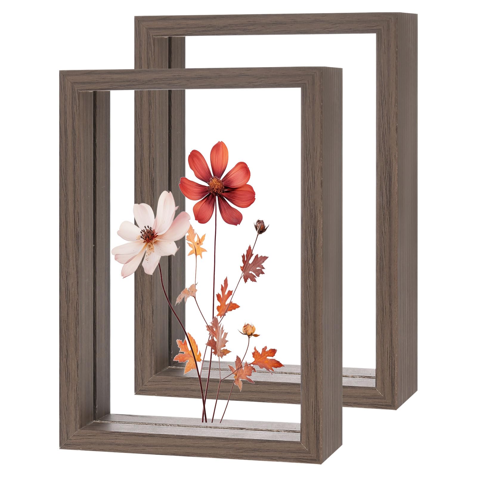 M METERXITY 2-Pack Wooden Pressed Flower Frame, 4 x 6 Inch Double Acrylic Floating Picture Frame for Dried Flowers/Tabletop/DIY/Handicrafts [Walnut Color]