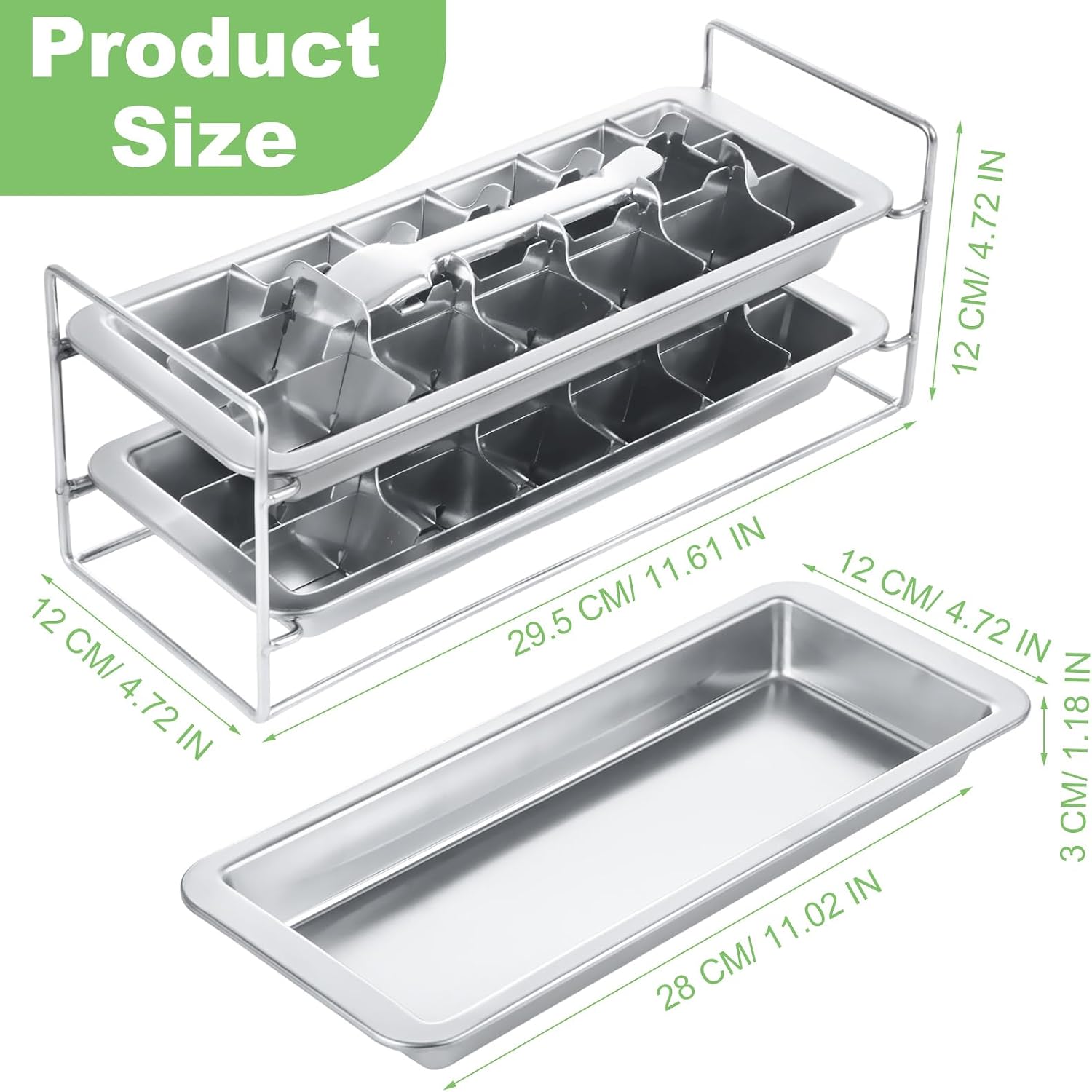 SHUESS Ice Cube Tray for Freezer, 2 Pack Stainless Steel Ice Cube Trays with 18 Grids Per Layer and Easy Release Lever, Stackable Small Ice Cube Trays and Mold with Ice Tongs for Kitchen, Bar