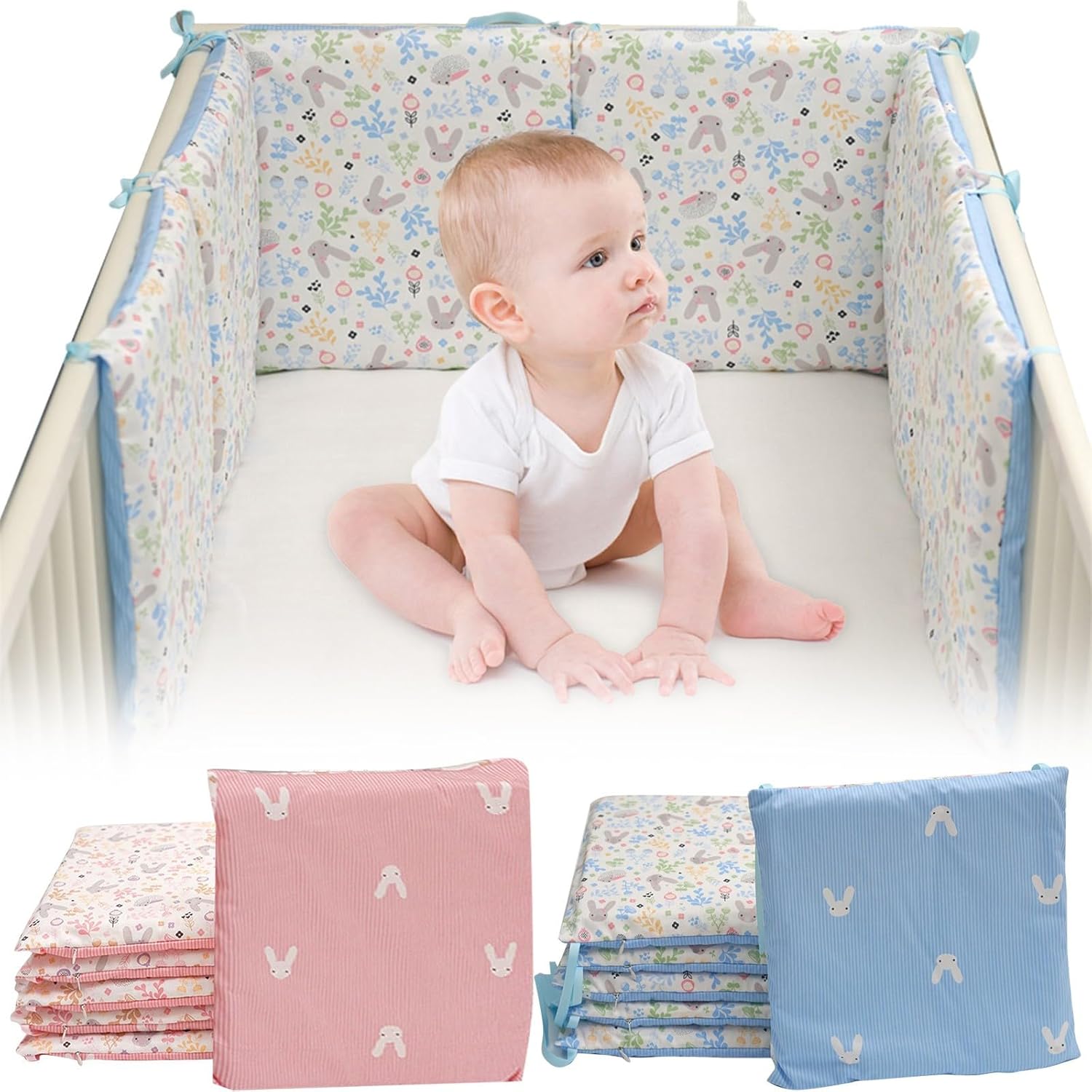 Toddler Bedding Set Crib Bedding Set for Boys Girls Cotton Crash Barrier Non-Collision Fence Pad for Crib Floral Rabbit Printed Blue Pink Anti-Collision Cushion Nursery Room Decor