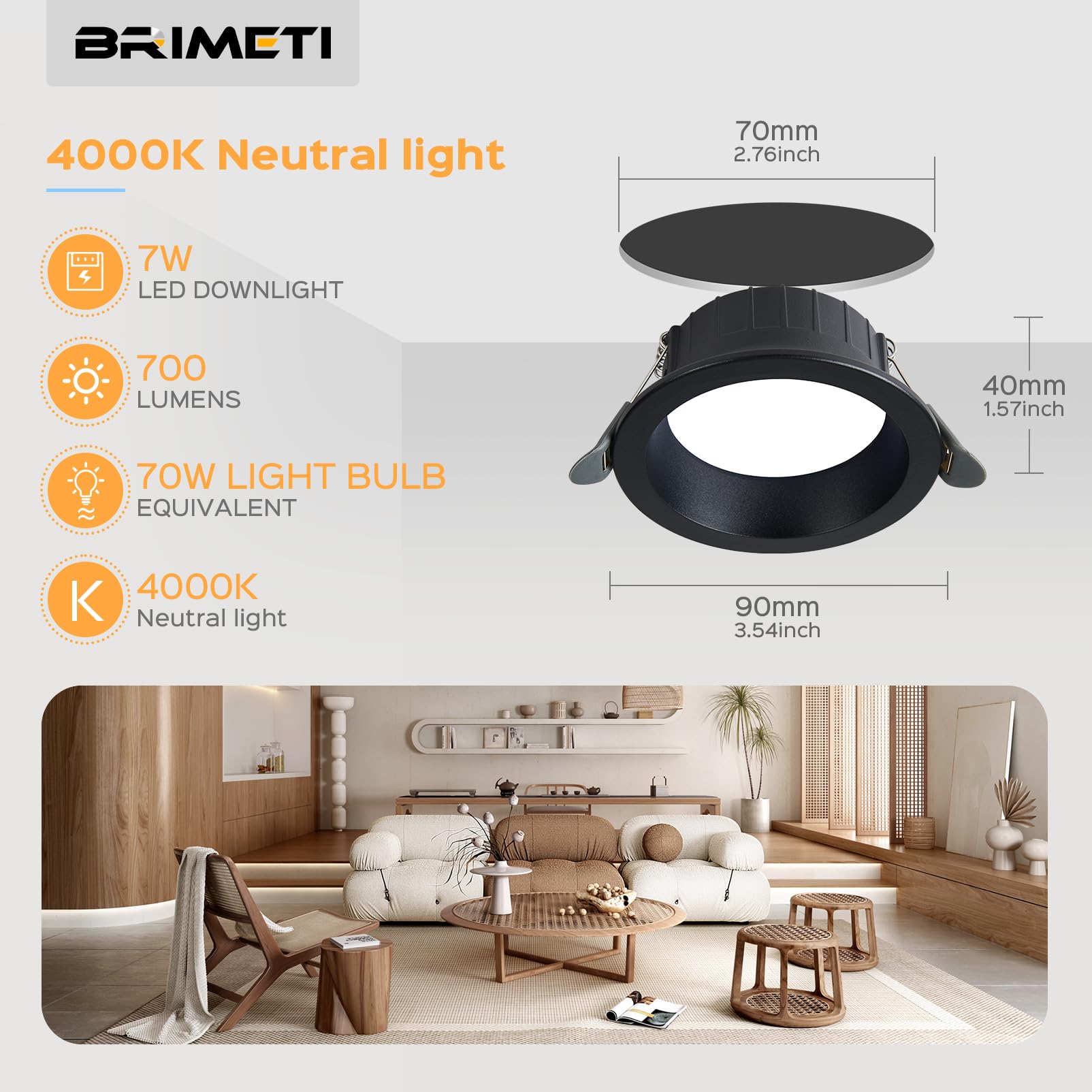 Spot Led Encastrable Noir Extra Plat, 6 Pack 7W 700LM, IP44, Blanc Naturel 4000K, AC 220-240V, Découpe 70mm, Rond Ultraslim Plafond Encastré Pour Salle de Bain, Cuisine, Salon