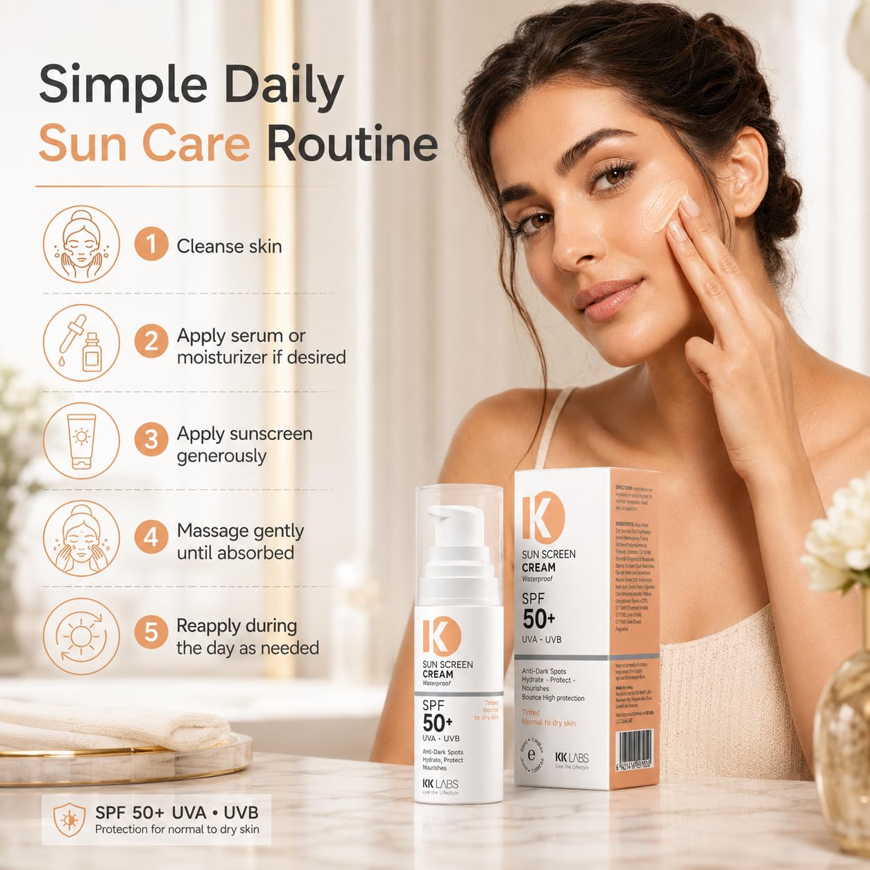 KK Labs Tinted Sun Cream for Normal to Dry Skin 50ml - Hydrating Daily Facial Sunscreen with a Tint That Evens Tone for a Natural, Radiant, Comfortable Complexion, Men and Women