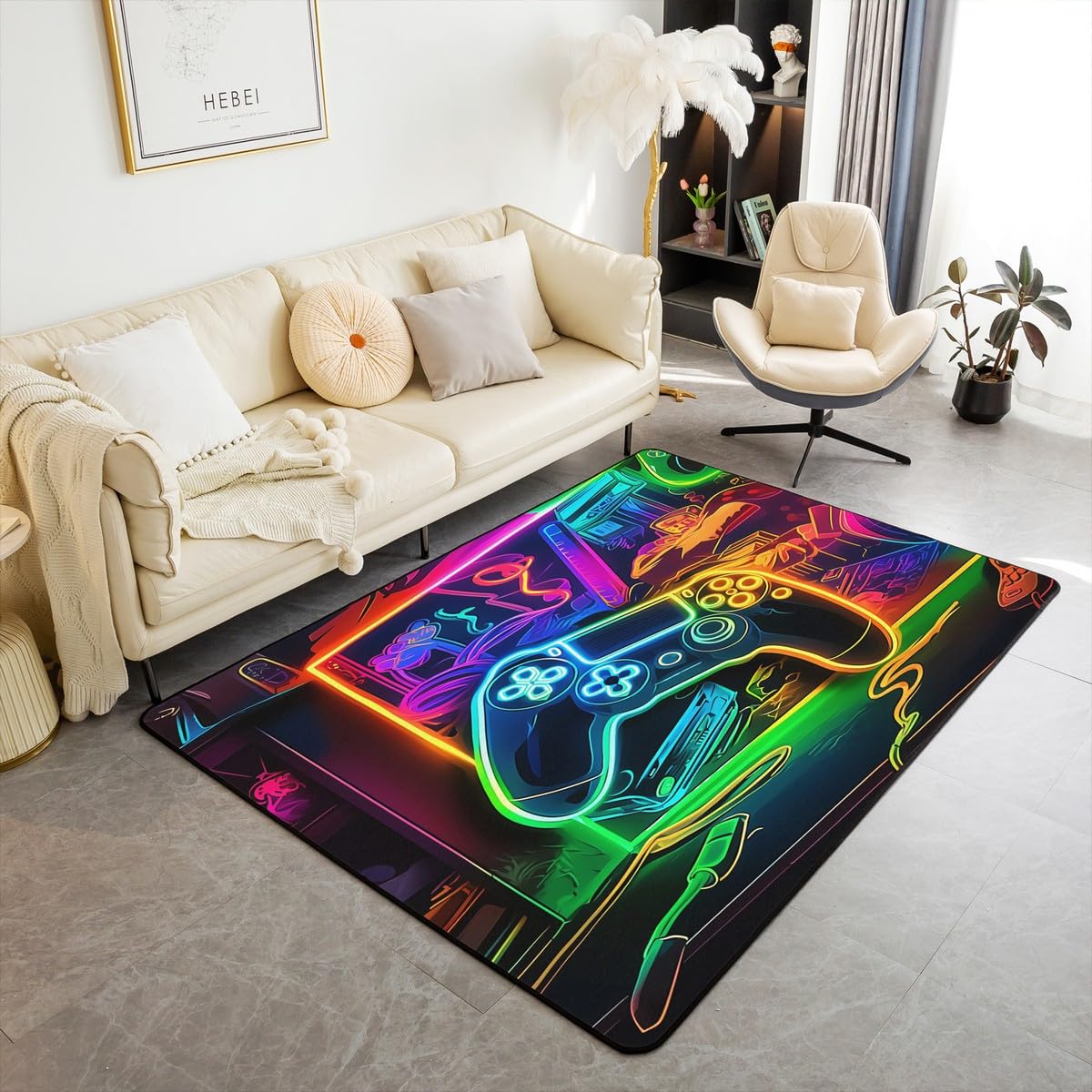 Loussiesd Dywan do salonu dla graczy, 100 x 150 cm, gamingowy dywan akcentujący dla chłopców, dziewcząt, nastolatków, nowoczesna konsola do gier, kontroler, wewnętrzna mata podłogowa, joystick,