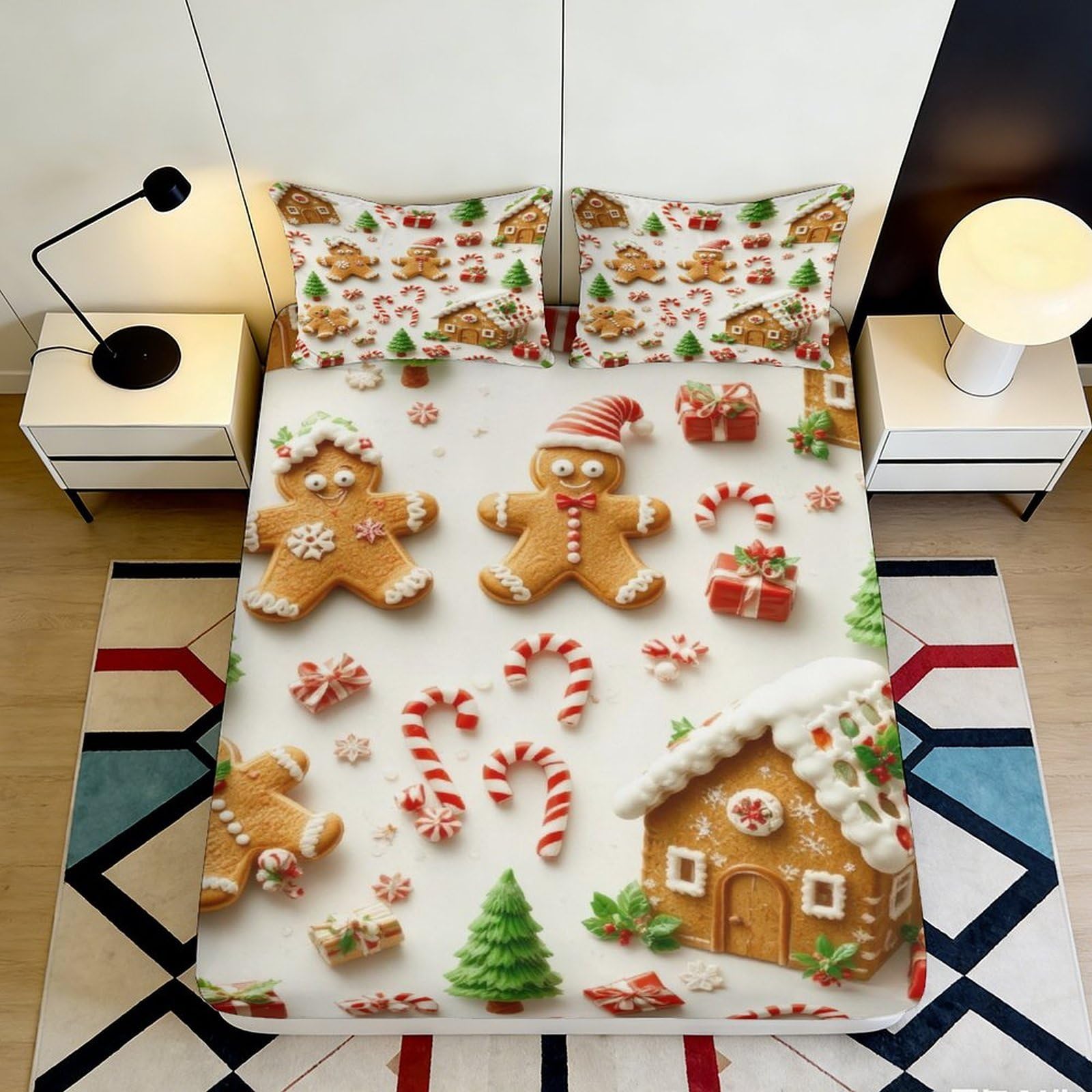 3D Printed Gingerbread House Fitted Sheet Microfiber Christmas Candy Bed Cover for Bedroom Guest Room Decor 90x200x25cm