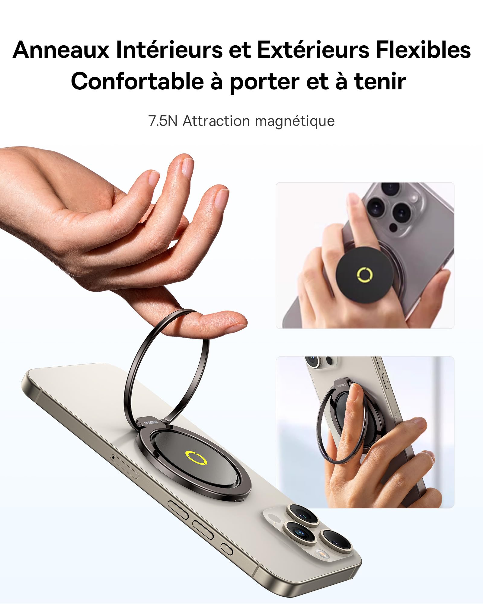 Baseus MagPro II Anneau iPhone Magnétique pour MagSafe, 7.5N Support Anneau Magnétique, 360 ° Rotation Doigt Poignée Support pour iPhone 16 15 14 13 12 Pro Max