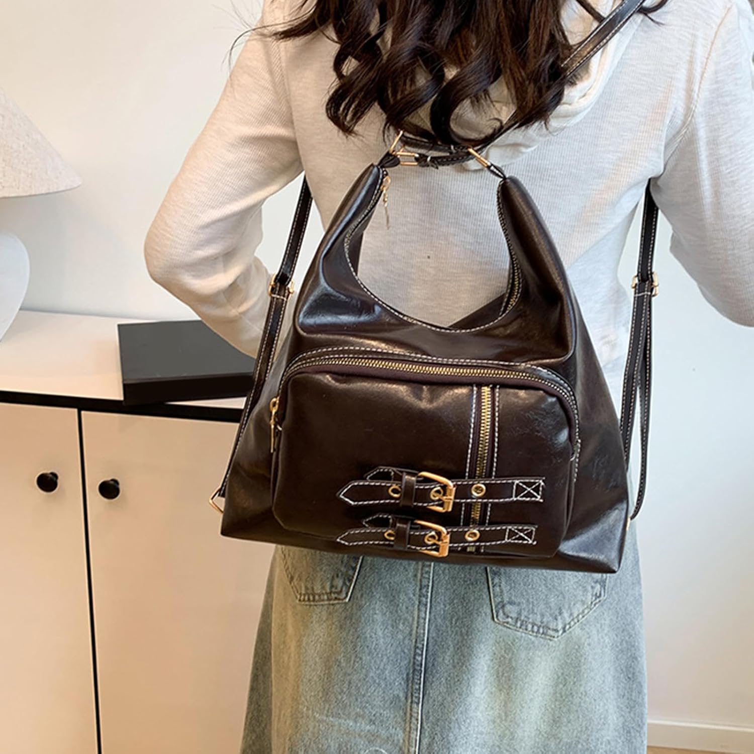 Soft PU Leather Shoulder Bag for Women Stylish School Bag Casual Crossbody Purse Underarm Handbag with Adjustable Strap - Image 9