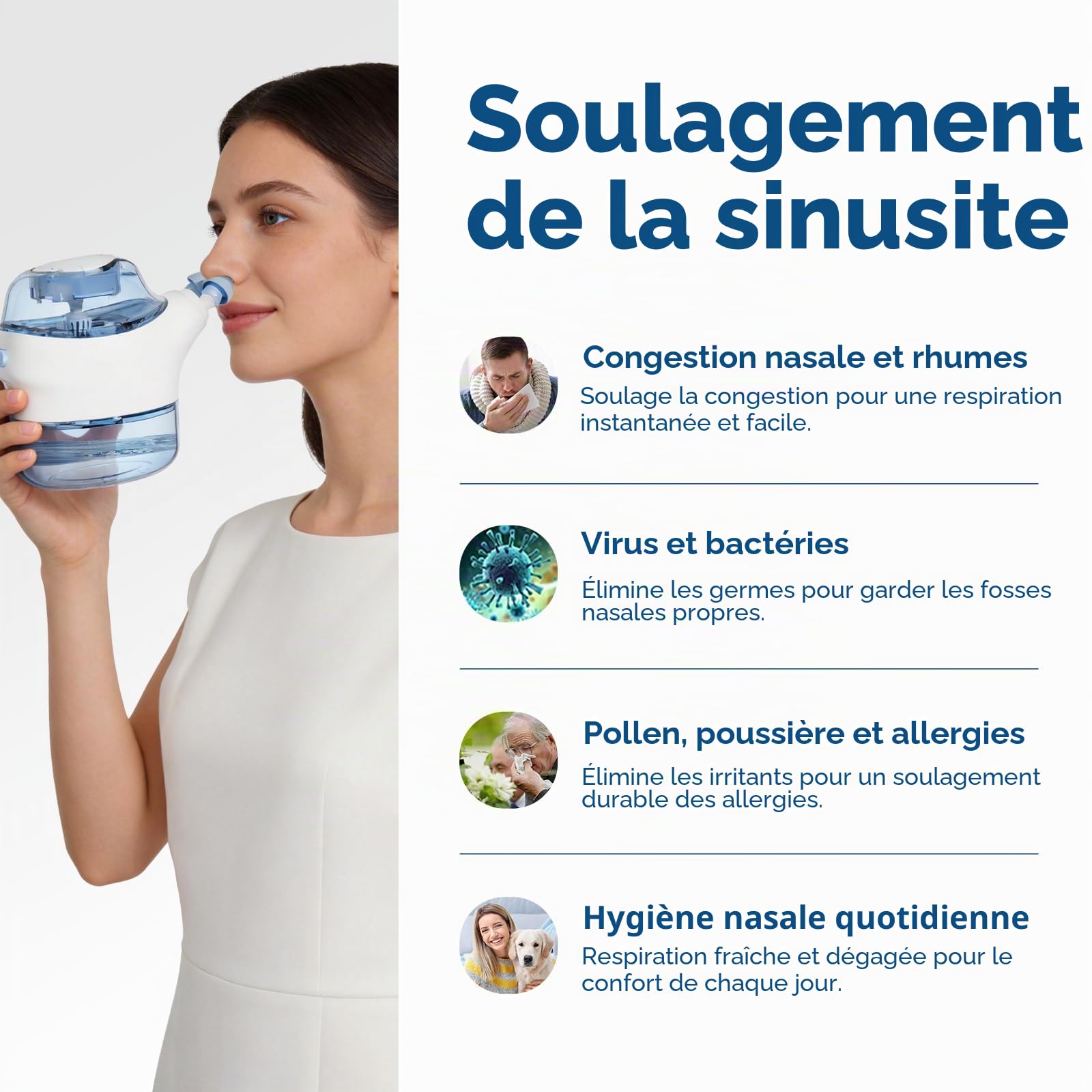 Nascool Système d'irrigation nasale, douche nasale, rinçage nasal pour adultes, pot de rinçage électrique nasaux avec 50 sachets de sel nasal, bleu