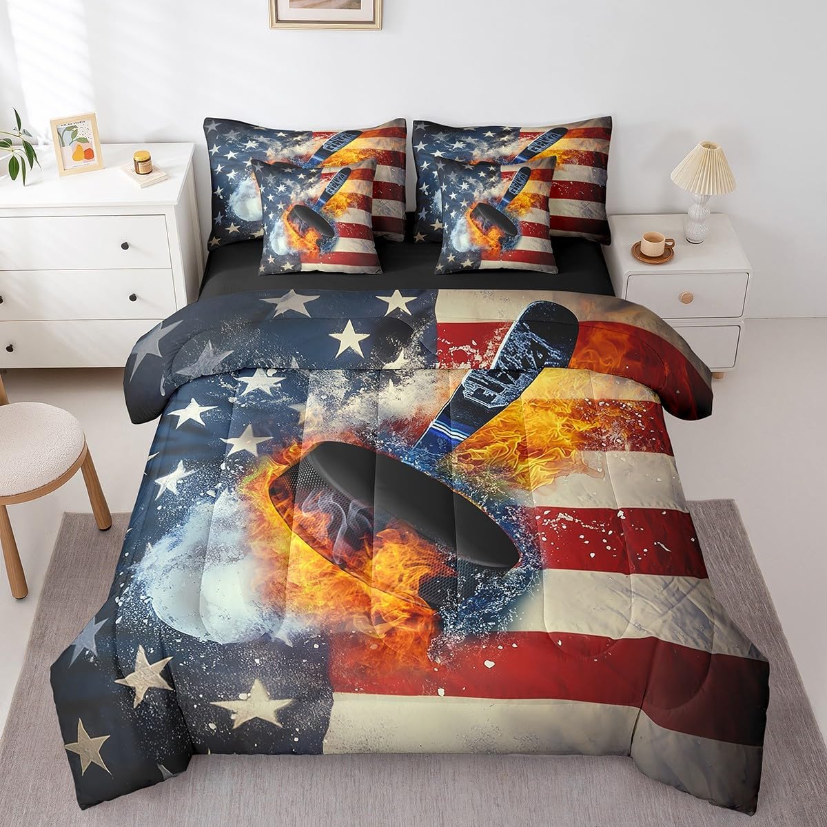 Erosebridal Flaming Hockey 7 Pieces Queen Comforter Set,Ice and Fire Bed in a Bag Comforter & Sheet Set All Season,American Flag Bedding Sets with Comforter, Sheets, Pillowcases & Shams