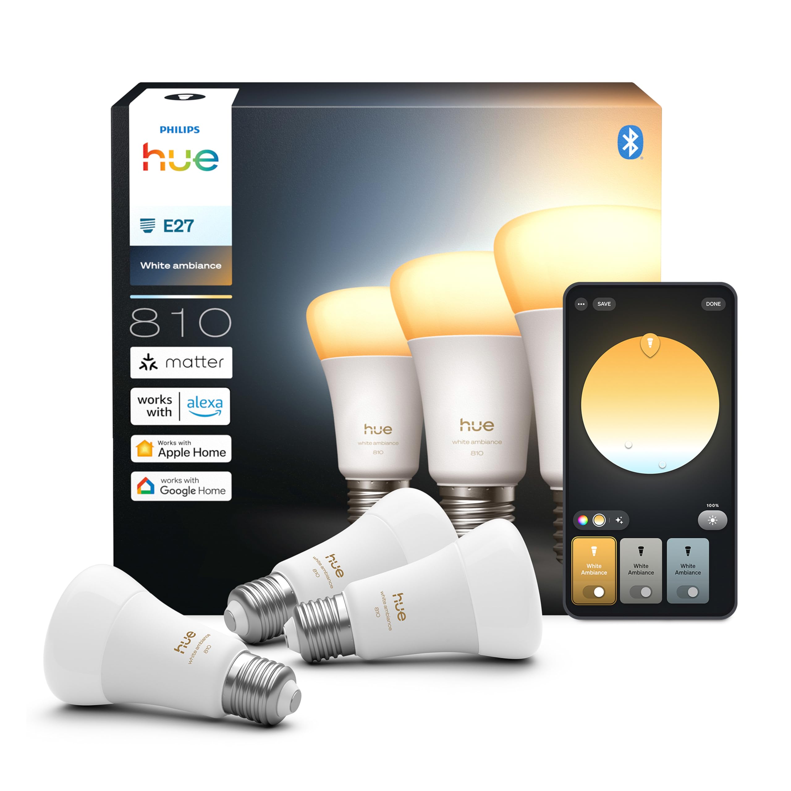 Philips Hue Smart LED A60 Bulb, White Ambiance, E27 Base, 6W, Full