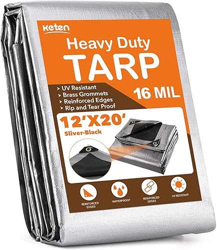 Keten Lonas resistentes impermeables de 12 x 20 pies, extra gruesas de 16 mil, resistentes a desgarros y decoloración, 100% bloqueo UV, lona para