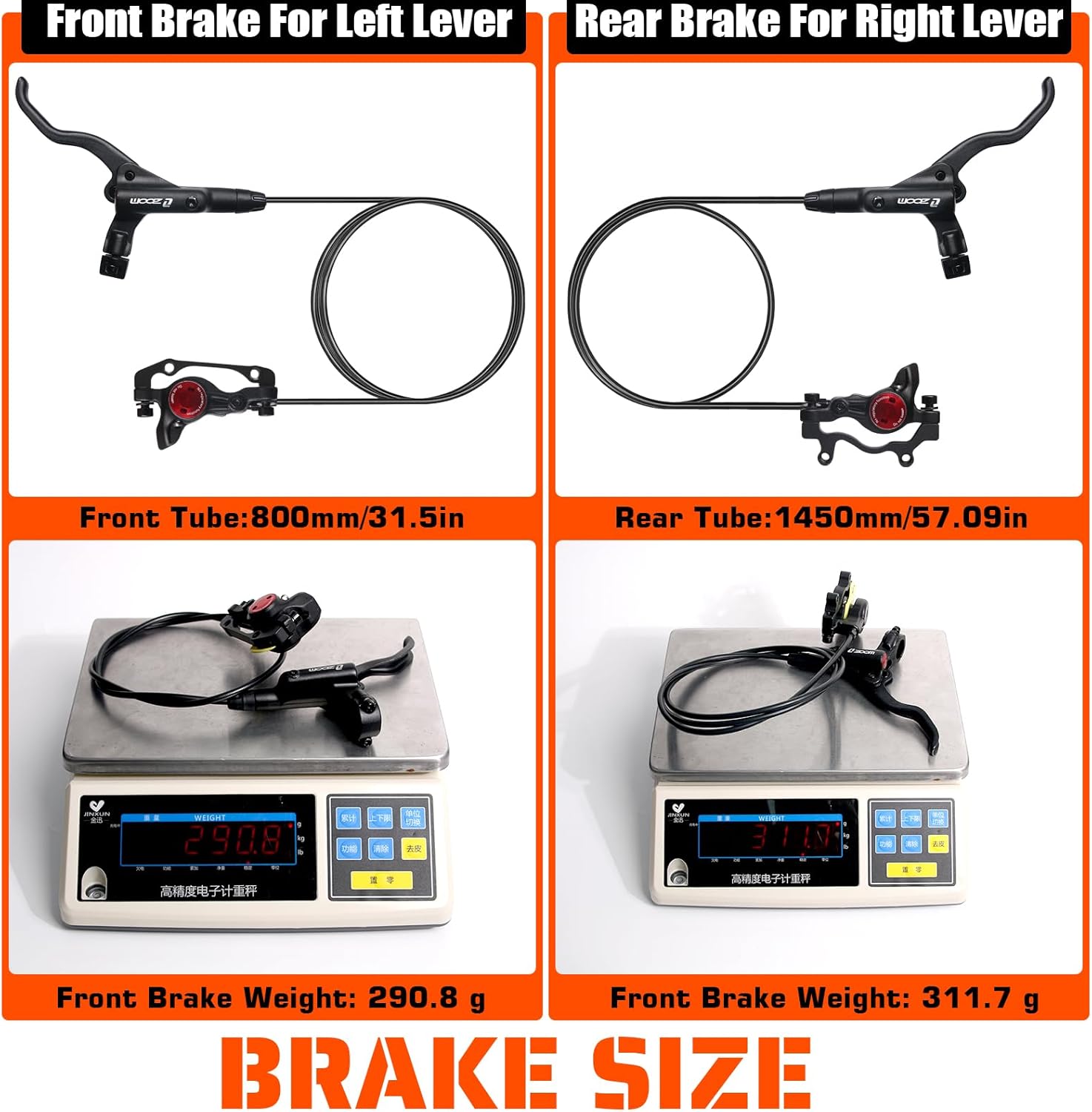 BUCKLOS MTB Hydraulic Disc Brakes Set, Mountain Bike Left Front 800mm Right Rear 1450mm Brake Aluminum Alloy Levers with Calipers PM/is Adapter Fit E-Bike(Pred Bled/Pads Included)