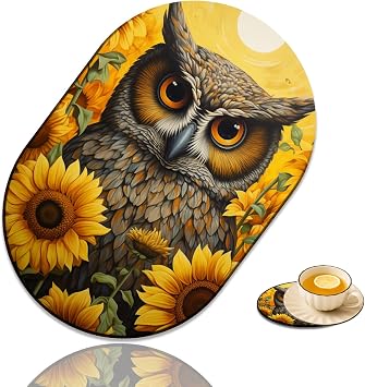 Fashion Mousepad and Coaster Combination, Gaming Mousepad, for Office Laptops, Wireless Mouse Non-Slip Rubber Mouse Pad, Desktop Computer Mouse Pad, Owl and Sunflower