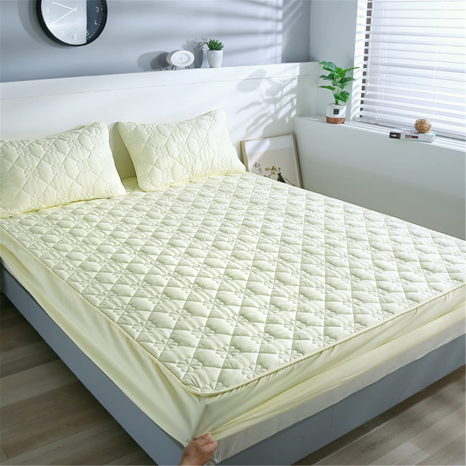 Protector Colchon, Home Protector de Colchón Acolchado, Cubrecolchón, De Fibra, Transpirable, Confortable, Cubre Colchón (Amarillo-1,Delgada 150x200cm)