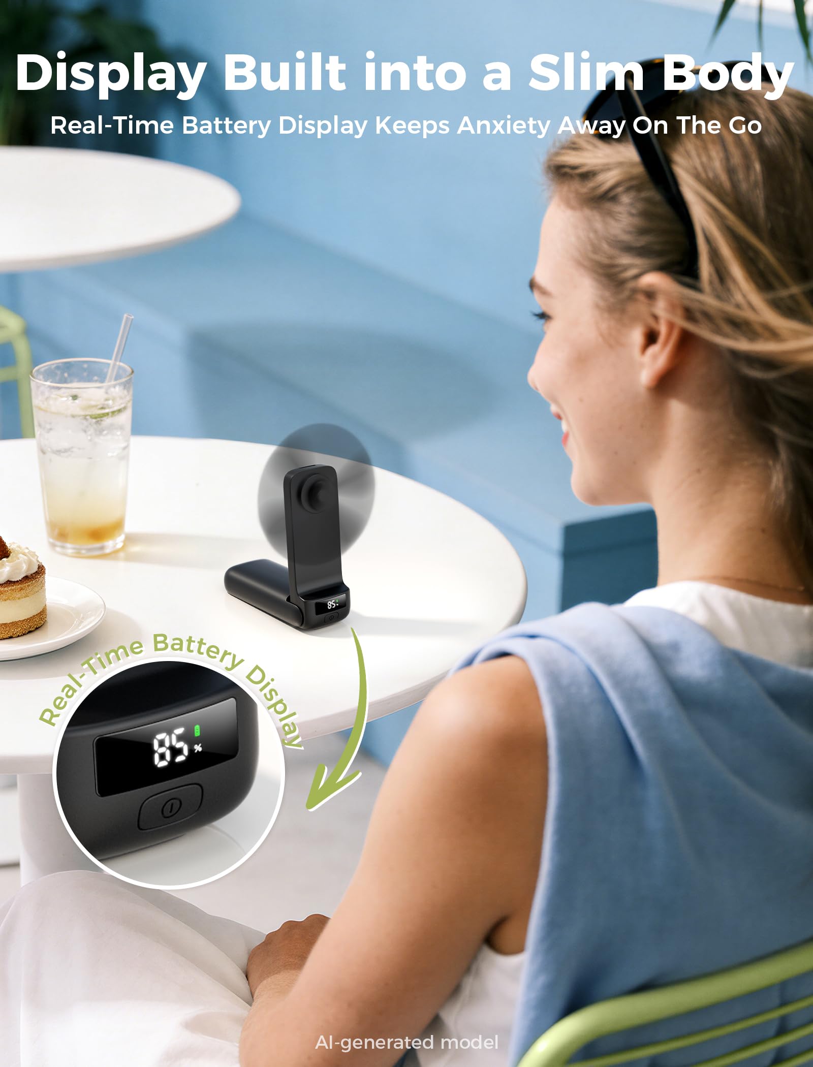 Aecooly Ventilatore portatile sottile con display digitale, sottile ventilatore portatile, ricaricabile tramite USB, mini personale [tempo di raffreddamento massimo 24h], alimentato a batteria