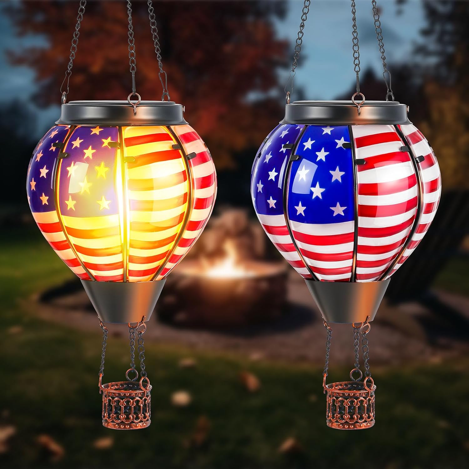 2 Pcs Glass Hot Air Balloon Solar Lantern with Flickering Flame Hummingbird Outdoor Garden Decor Waterproof Hot Air Balloon Flame Lantern for Lawn Porch Yard 20Inch