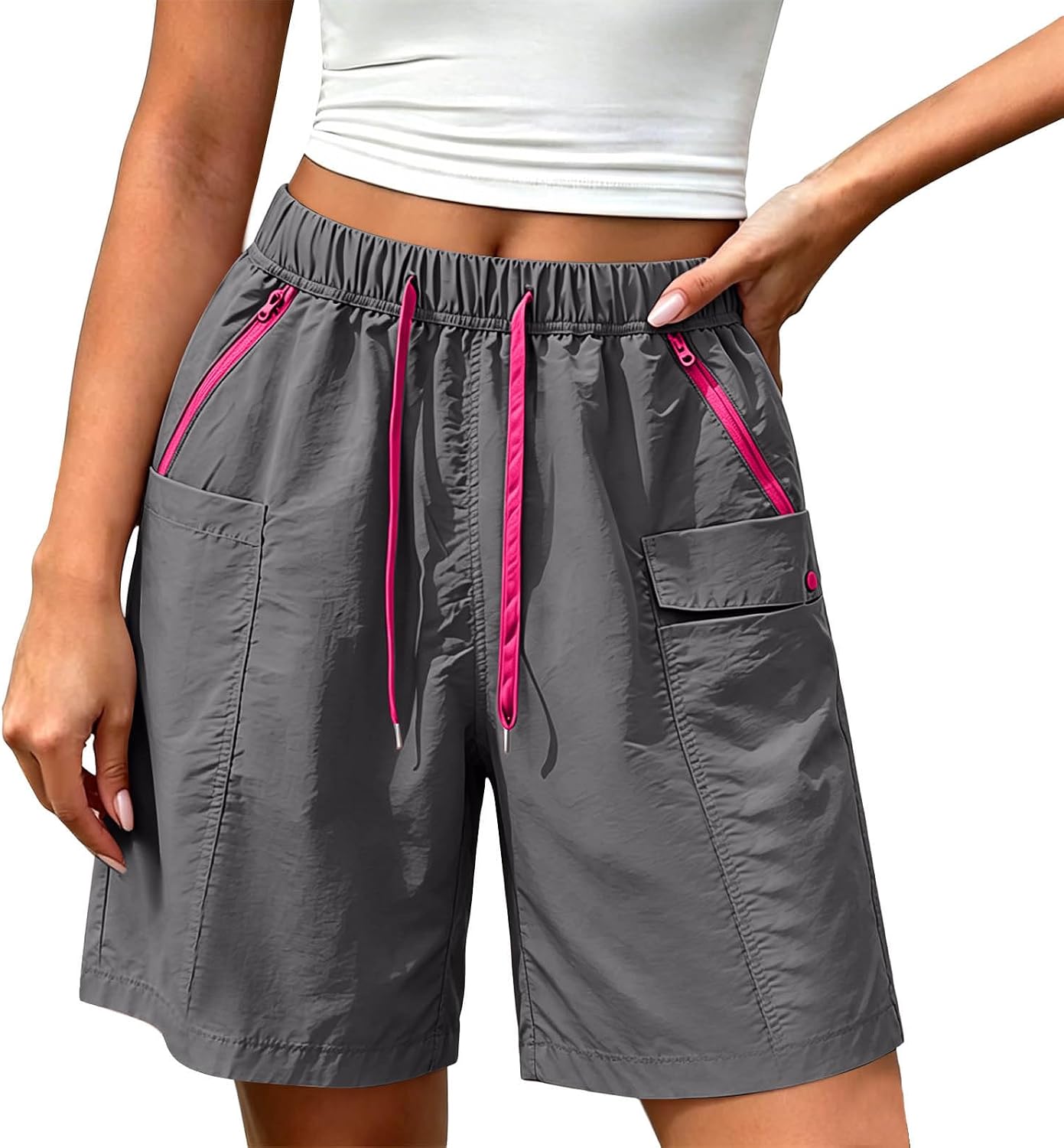 Women's Summer Casual Cargo Shorts Elastic Waist Drawstring Hiking Outdoor Knee Length Bermuda Shorts with Pockets