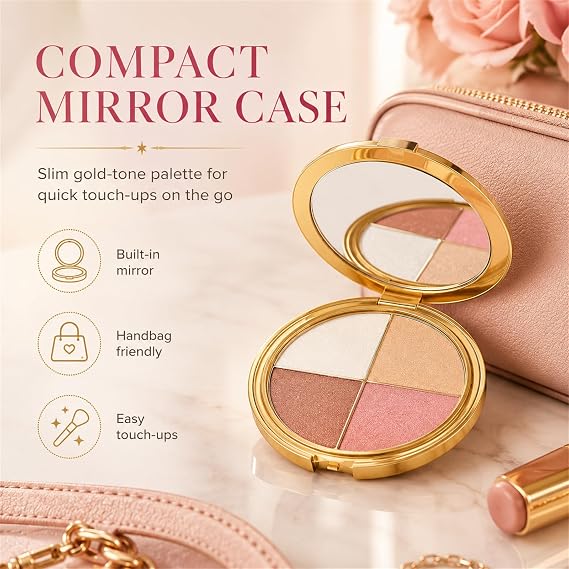 Blush Palette, 4-Shade Highlighting Eye & Cheek Make-up Palette - Shimmer Eyeshadow Powder for Eyes, Cheeks & Brow Bone, Gold Compact with Mirror for Day-to-Evening Looks, 8.5g