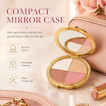 Blush Palette, 4-Shade Highlighting Eye & Cheek Make-up Palette - Shimmer Eyeshadow Powder for Eyes, Cheeks & Brow Bone, Gold Compact with Mirror for Day-to-Evening Looks, 8.5g