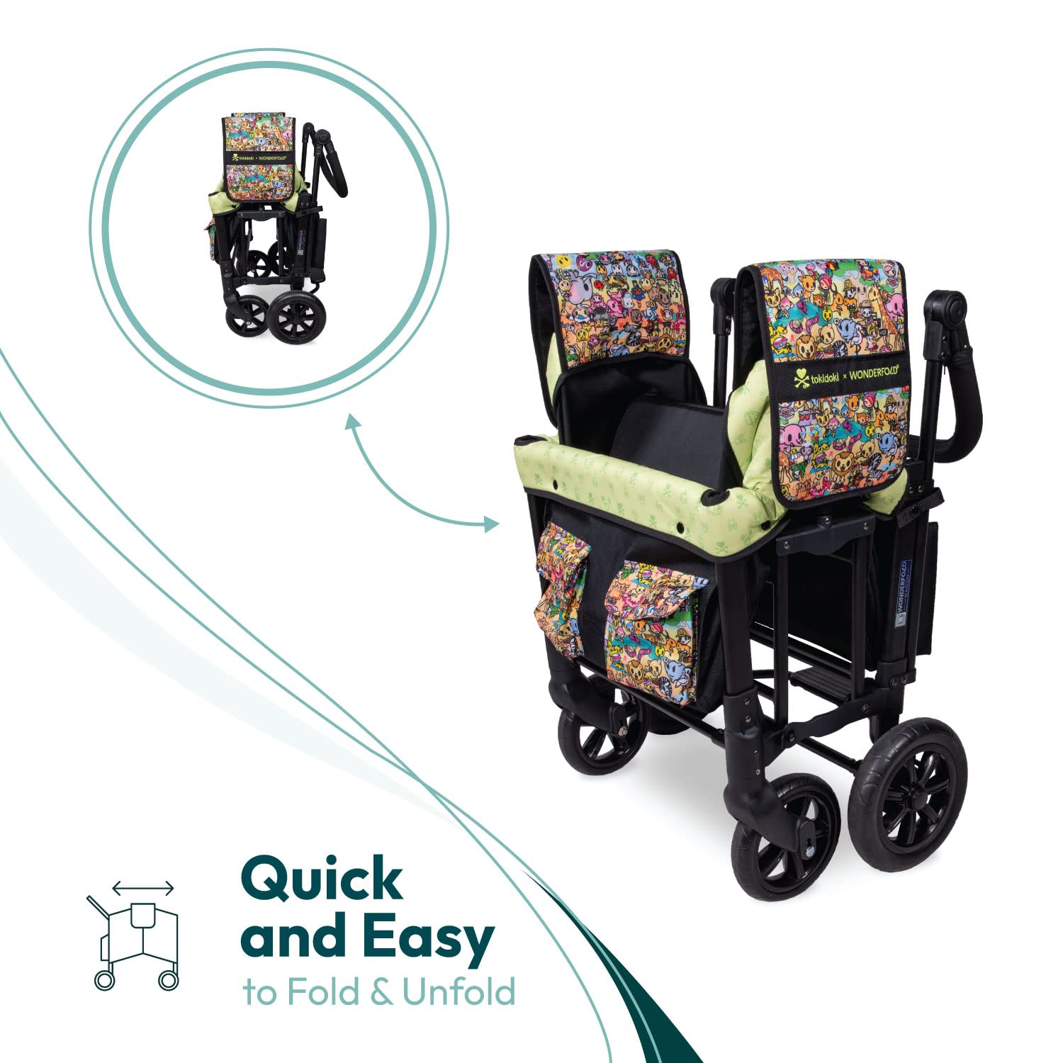 WONDERFOLD W1 Original Double Stroller Wagon Featuring 2 Face-to-Face Seats with 5-Point Harnesses, Adjustable Push Handle, and Removable UV Canopy, Tokidoki – Animalini