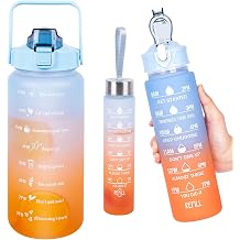 3-Pack Motivational Water Bottles with Straw & Time Marker, BPA-Free Leakproof Sports Water Bottle Set for Fitness, Gym & Daily Hydration, Orange/Blue, Includes 16 oz, 32 oz & 64 oz Bottles