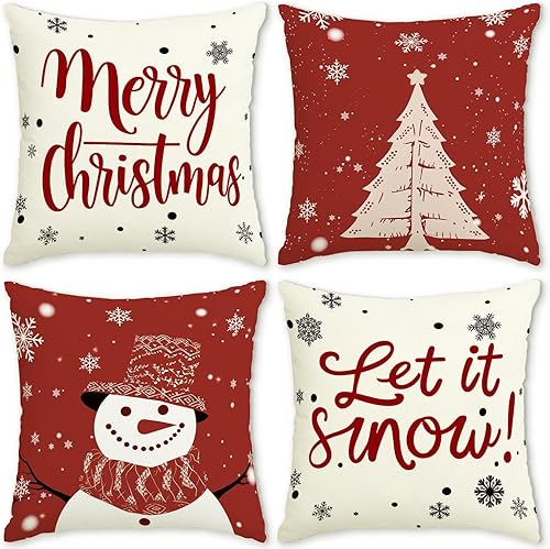 AgQrDkrc Juego de 4 fundas de almohada de Navidad de 18 x 18 pulgadas, decoración navideña de muñeco de nieve, árbol de Navidad, decoración de