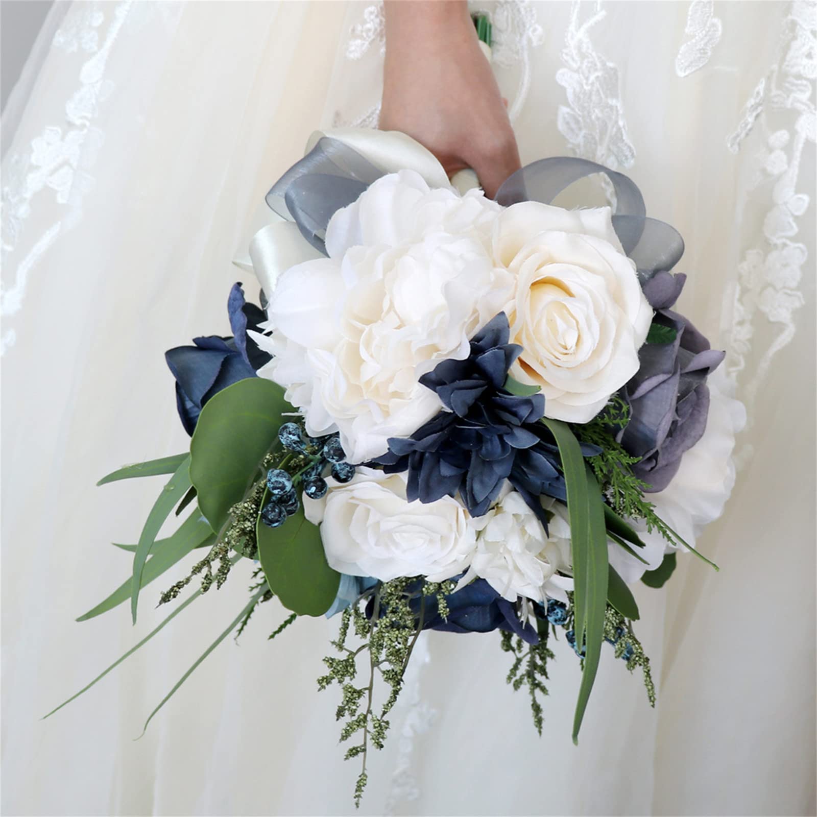 Brautsträuße für Hochzeit, Blumenstrauß, marineblau, weiß, Brautstrauß, für Hochzeitszeremonie, Geburtstag, Brautparty, rustikale Hochzeit, Französisch (Weiß + Marineblau)