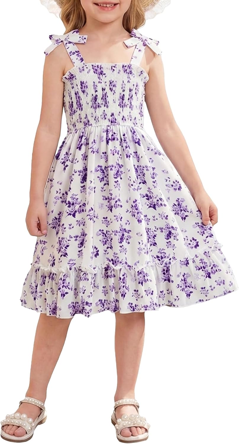 Girl Boho Dress Floral Sleeveless Dresses Girls Tie Shoulder Beach Sun Dress Ruffled Smocked 2-8T