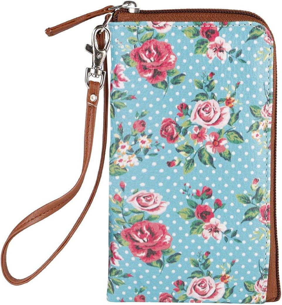 Thathing Dots & Flowers Blue Color Mobile Phone Pouch Wristlet with Card Slots