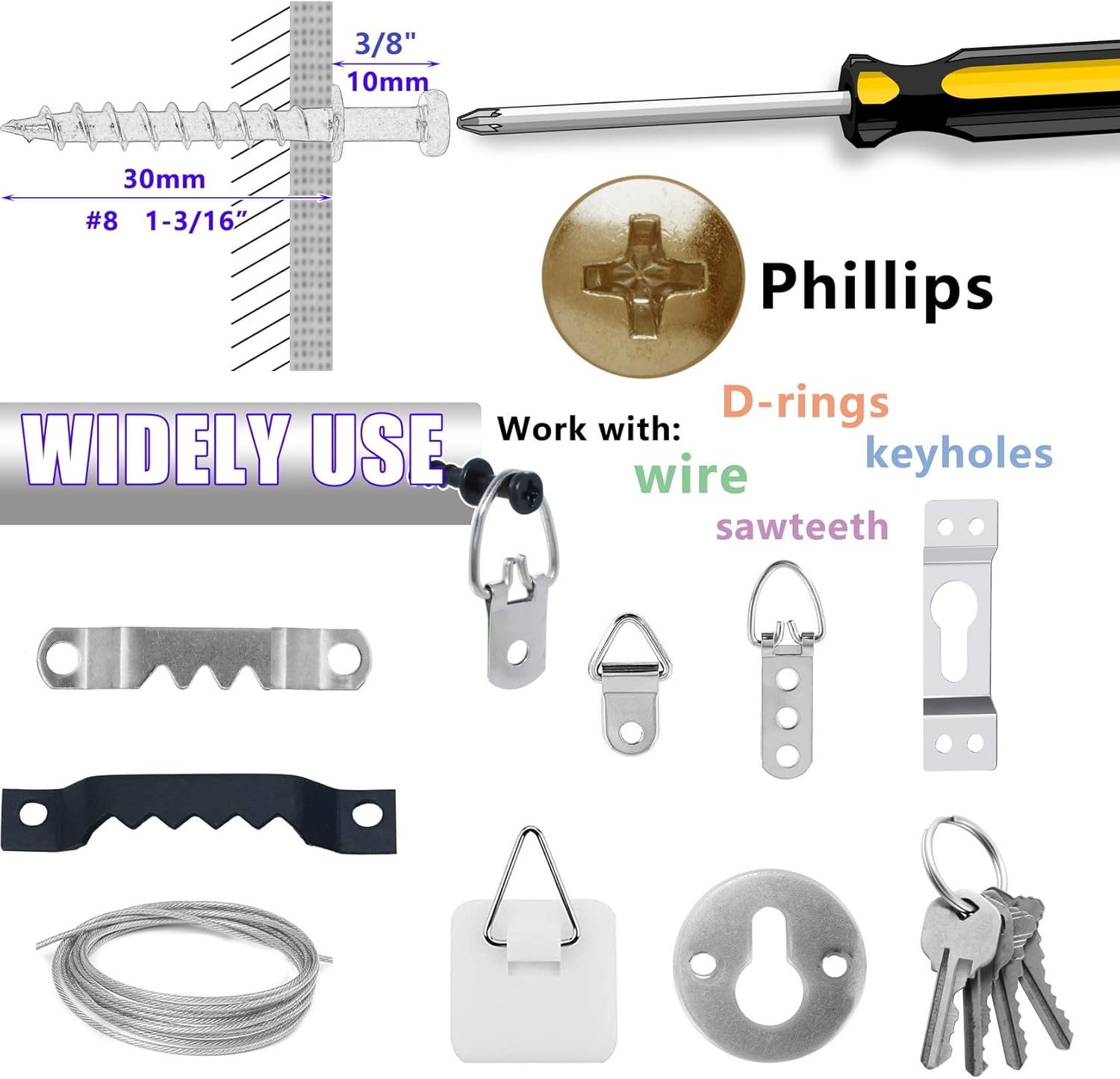 Picture Hanging Double Headed Screws, Self Tapping Bearclaw Wall Picture Hangers for Keyholes D-Rings Sawtooth Wire 4-in-1 Hanging Hooks
