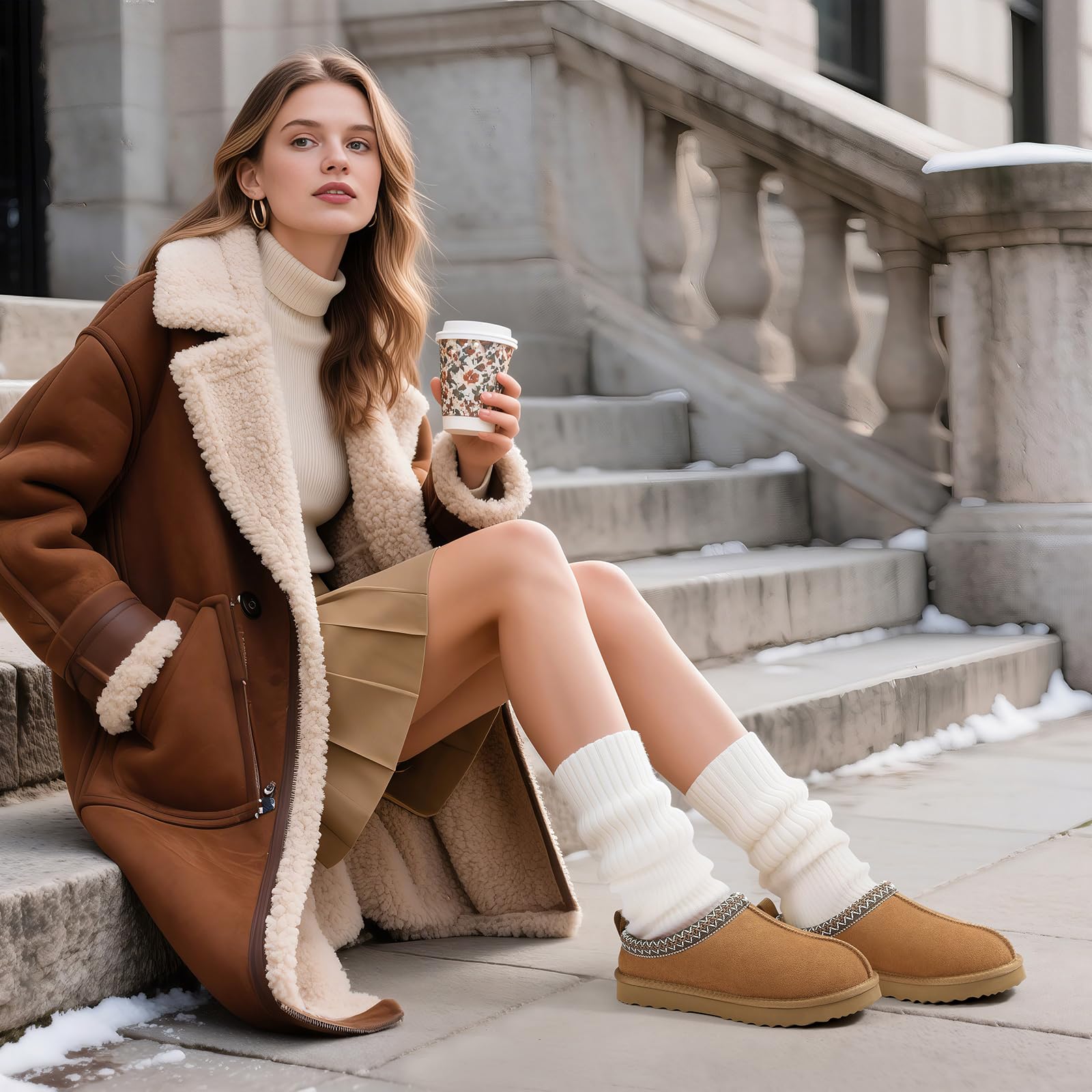 Genuine Suede Fuzzy Slippers for Women Winter Warm House Shoes Cozy Mini Boots for Indoor Outdoor