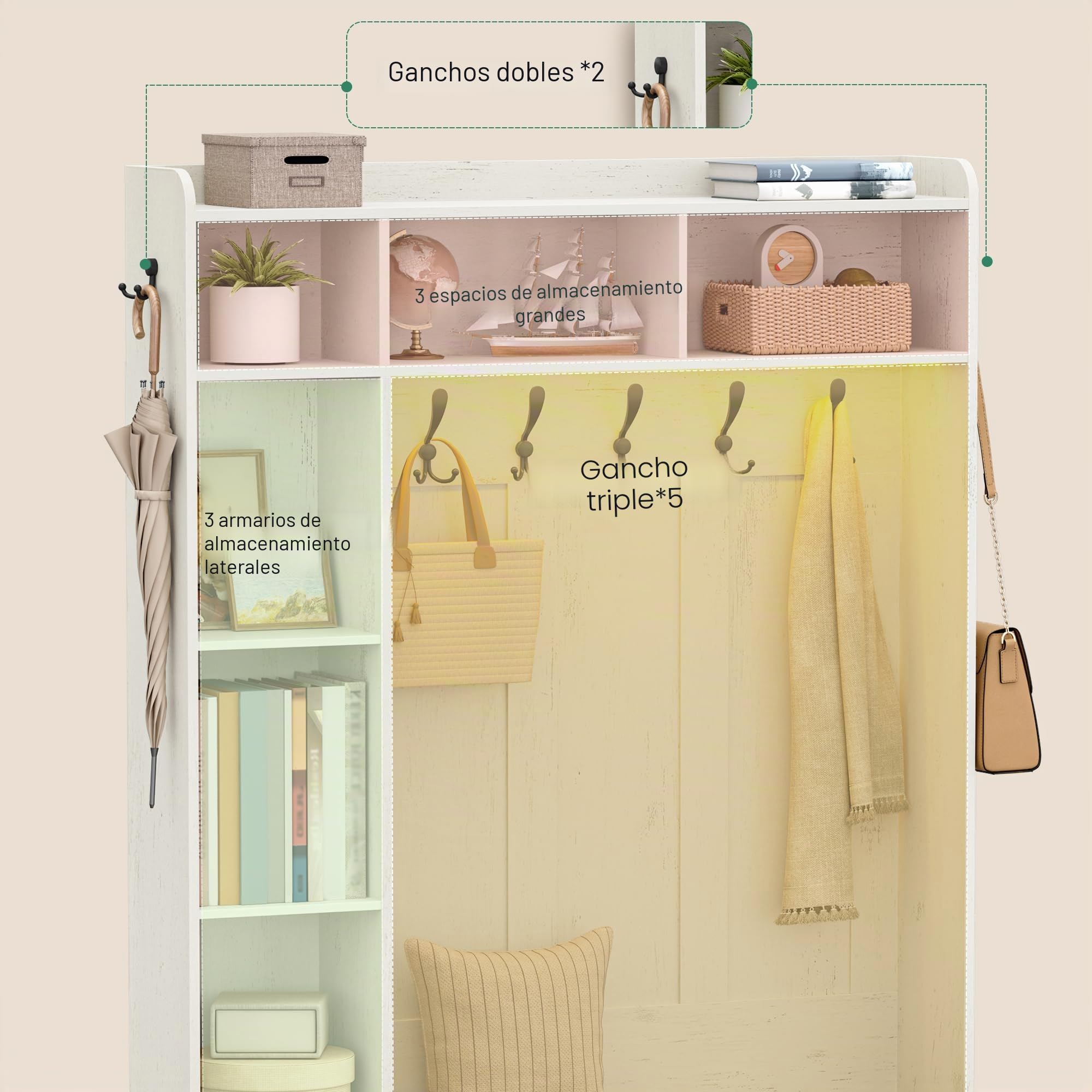 Hzuaneri Perchero LED con Banco de Zapatos, Mueble de Entrada, Estantes Ajustables, 15 Compartimentos Abiertos, 7 Ganchos, para Entrada, Pasillo, Blanco y Marrón HT24614XEU
