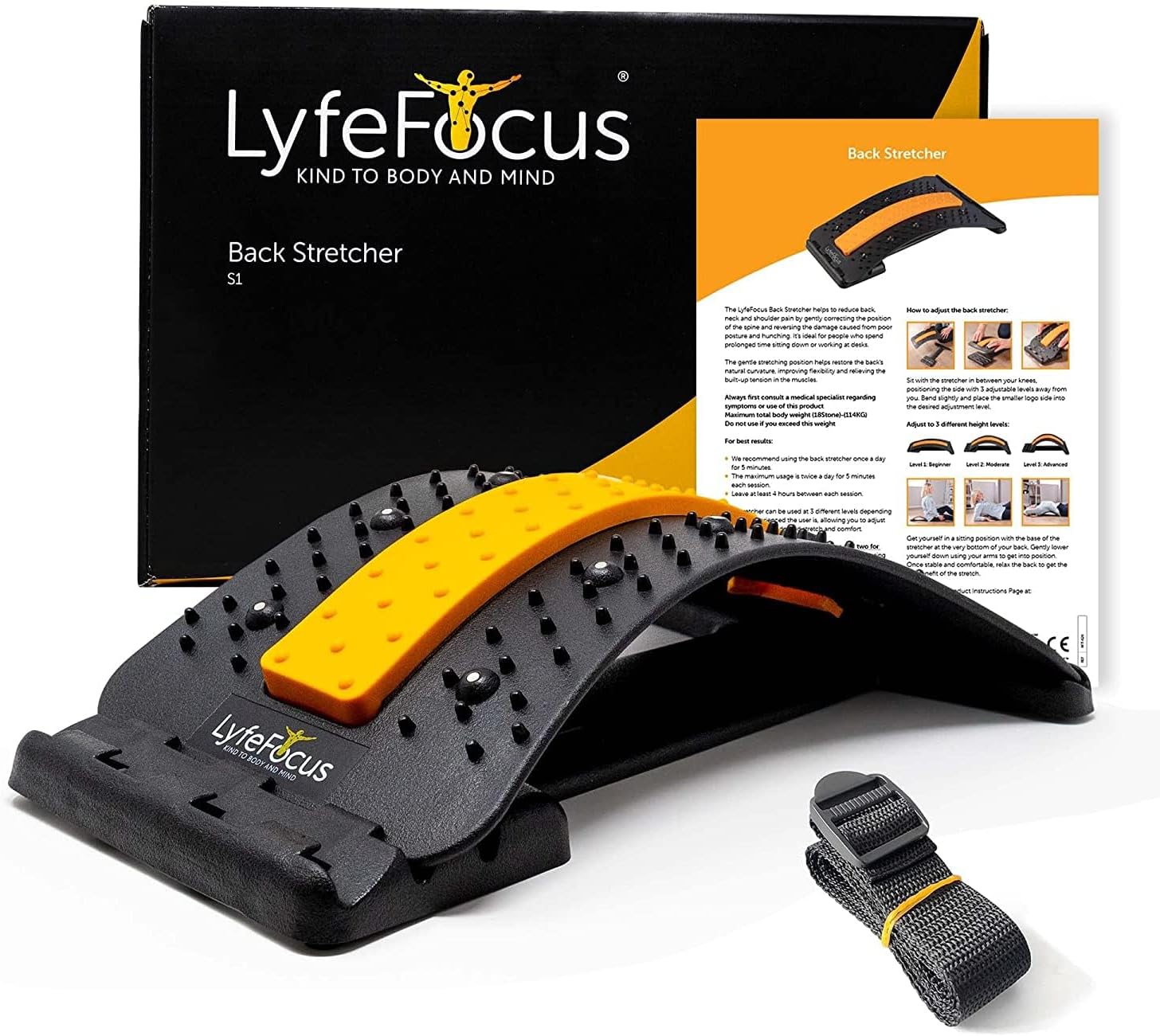 LyfeFocus Back Stretcher & Acupressure Massager for Back & Neck Pain - Comfortable Adjustable Spine Stretcher Posture Corrector - Spine Board Lumbar Support - Magnetic Therapy & Chair Strap (Orange)