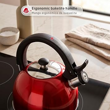 Magefesa Sabal Stainless Steel Whistling Tea Kettle, 2.1 Qt, Drip-Free Pouring Spout, Ergonomic Handle, Removable Lid