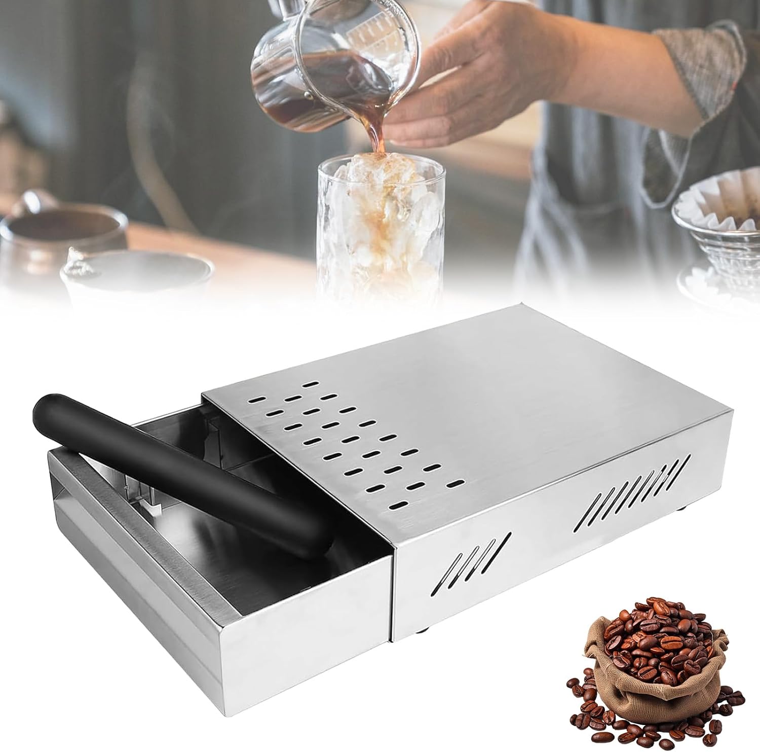 Coffee Grounds Tee Container Stainless Steel Coffee Knock Container Brew Drawer with Knock Stick Stainless Steel Knock Box Espresso Brew Drawer Coffee Grounds Knock Container for Coffee Machines Silver