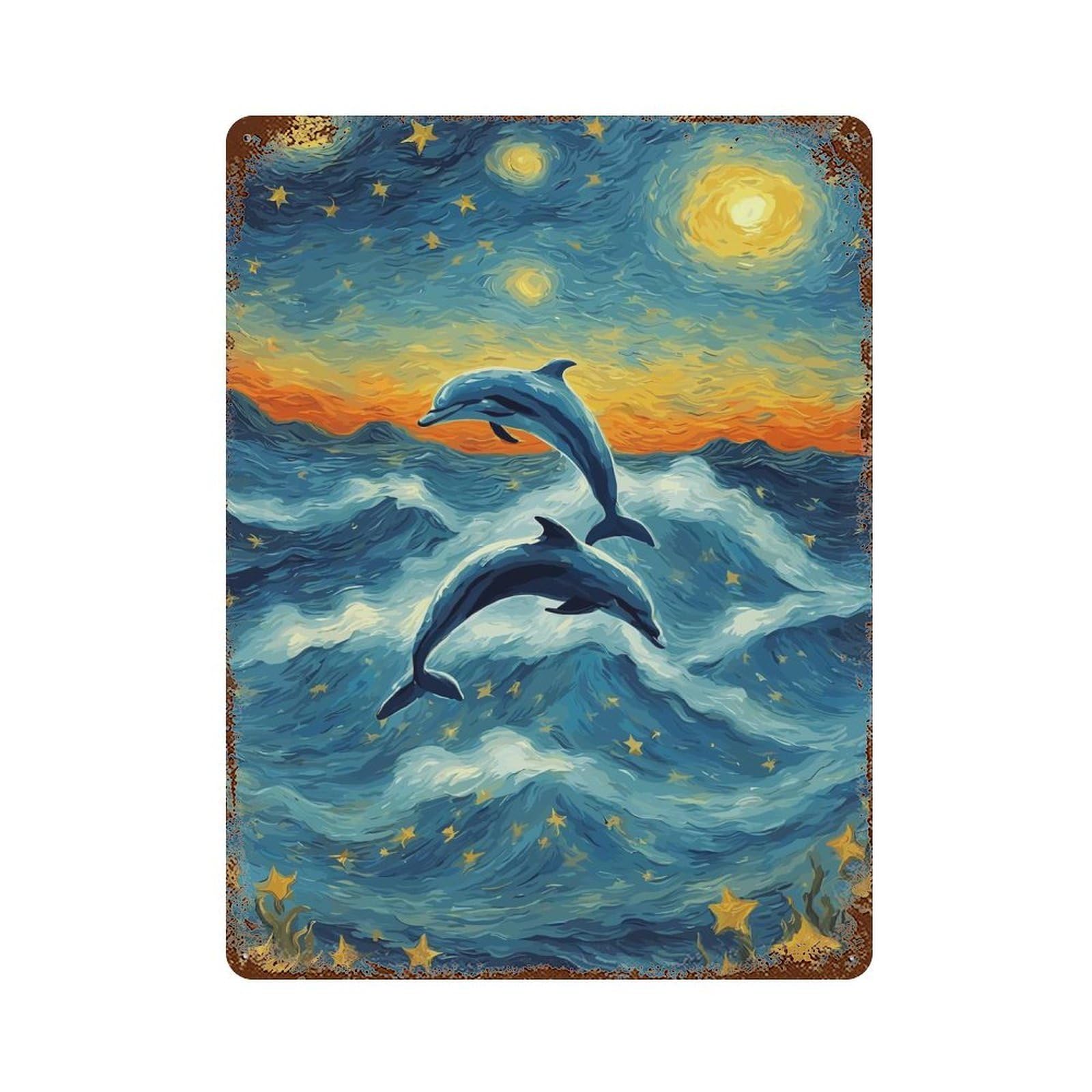 Weathered Tin Sign Starry Night Dolphins 15.7"x11.8", Rustic Home Decor for Bistro, Counter And Cafe Decor