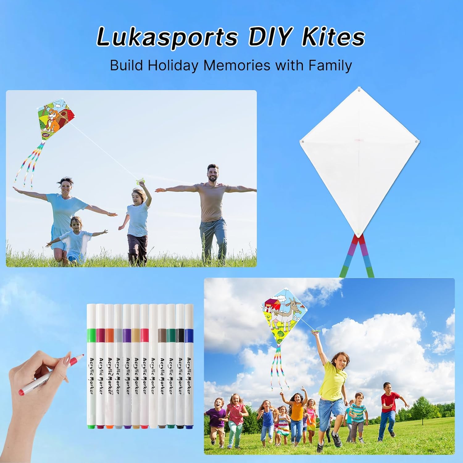 DIY Blank Kites for Kids in Bulk, Kite Making Kit for Kids, 23.6in Bulk Blank Diamond Kites for Painting with Hand Grips, 98ft Strings & 12-Color Pen - Easy to Fly Kite for Kid
