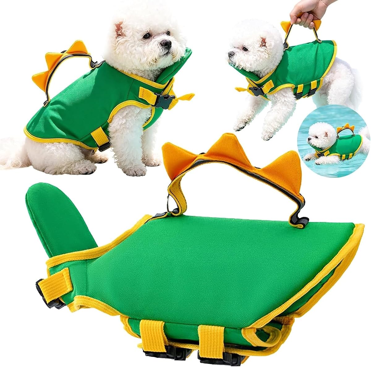 Dog Life Jacket with Chin Float & Neck Support, Dog Life Vest with Rescue Handle, Reflective Swim Vest for Small Medium Large Dogs, Adjustable PFD for Boating Kayaking Swimming Pool. Dinosaur:L