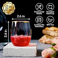Vista 2 de FOCUSLINE 32 Pack 12 OZ Plastic Wine Glasses, Stemless Disposable Wine Cups, Gold Rim Unbreakable Wine Glasses, Reusable Shatterproof Recyclable and