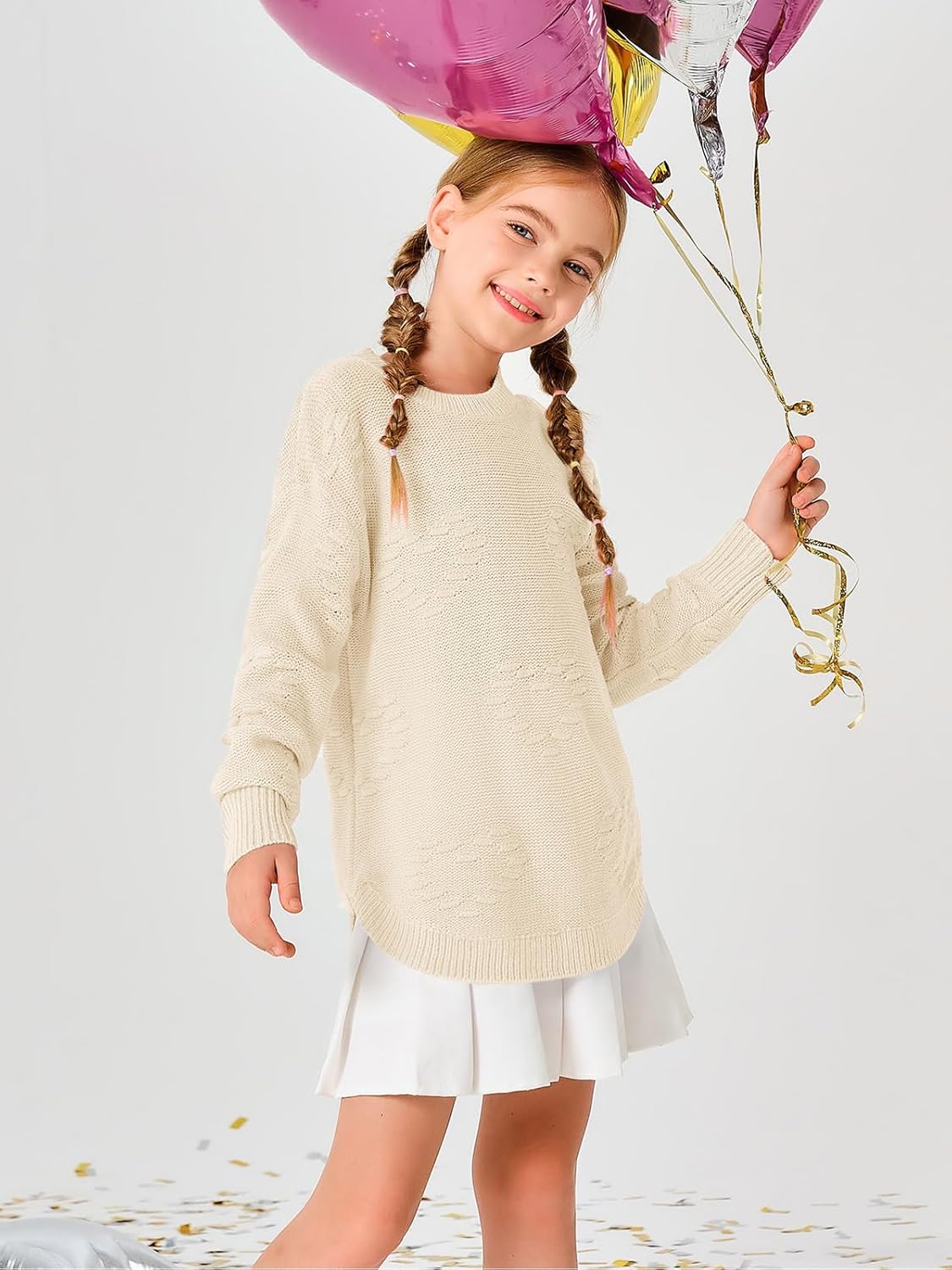 Haloumoning Girls Cute Heart Love Print Sweater Tops Oversized Crew Neck Dot Ball Knitted Valentine Pullover 5-14 Years - Image 4